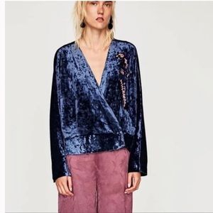 ZARA Blue Velvet Wrap Sequin Beaded Bird Wrap Blouse | Size L